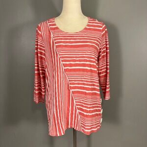 Ali‎ Miles Striped 3/4 Sleeve Top Tunic Petite L Coral Orange Button Geometric